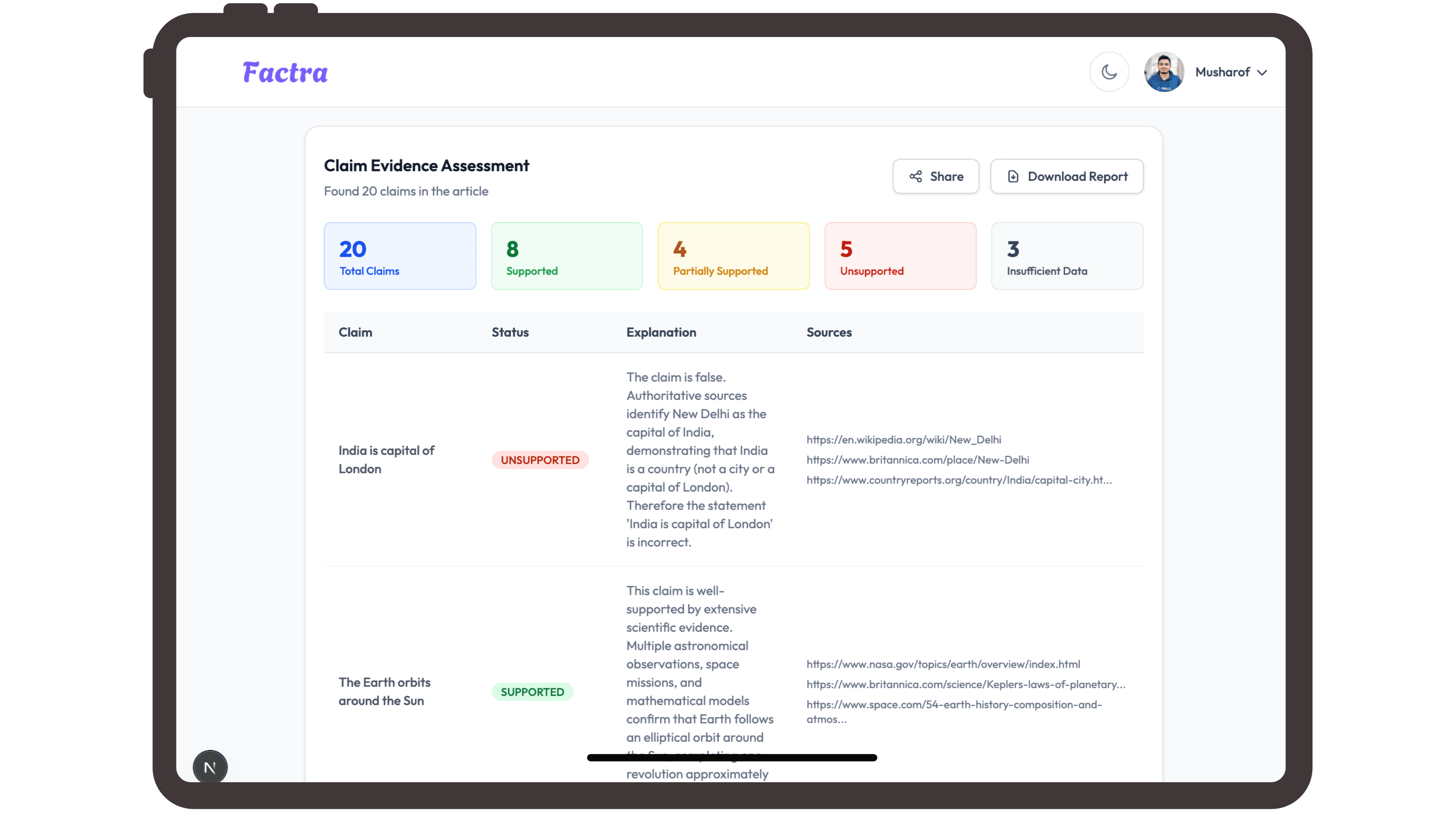 Factra Dashboard - Claim Evidence Assessment